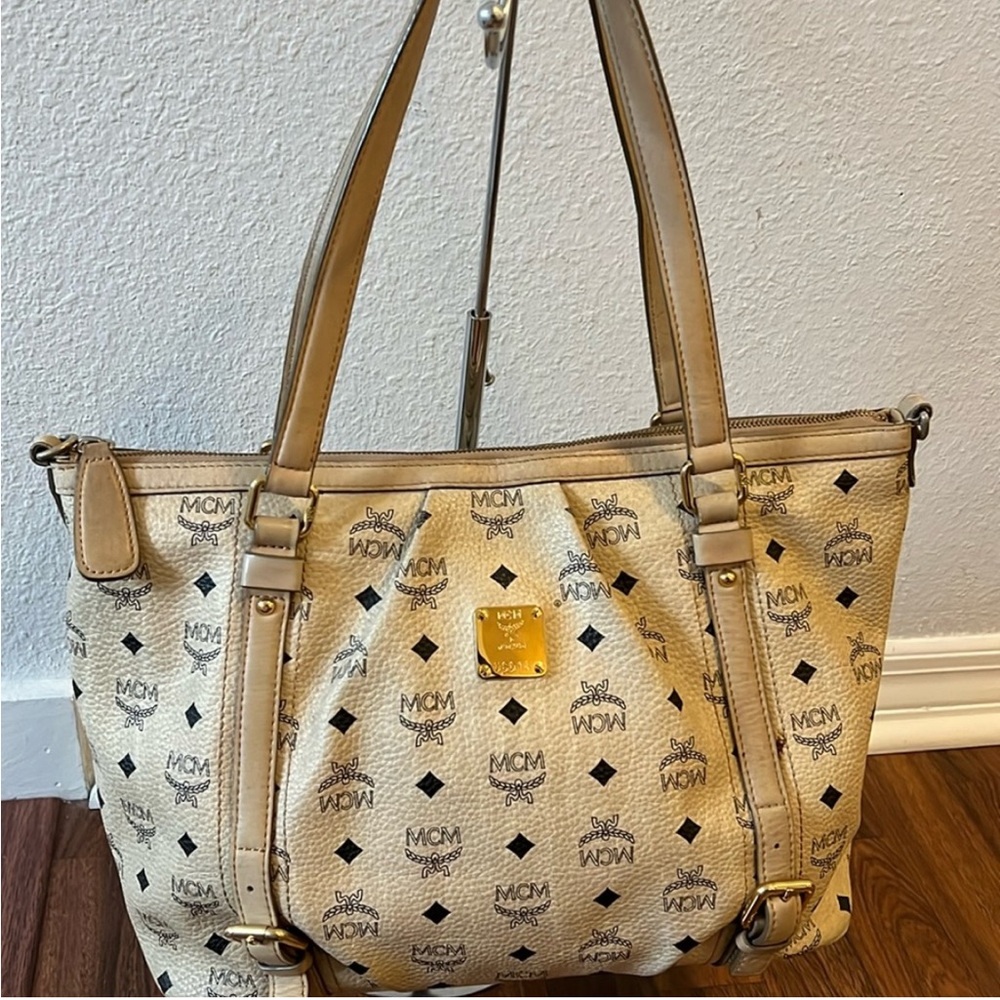 MCM Cream Tote Bag with Textured Leather and Logo Design